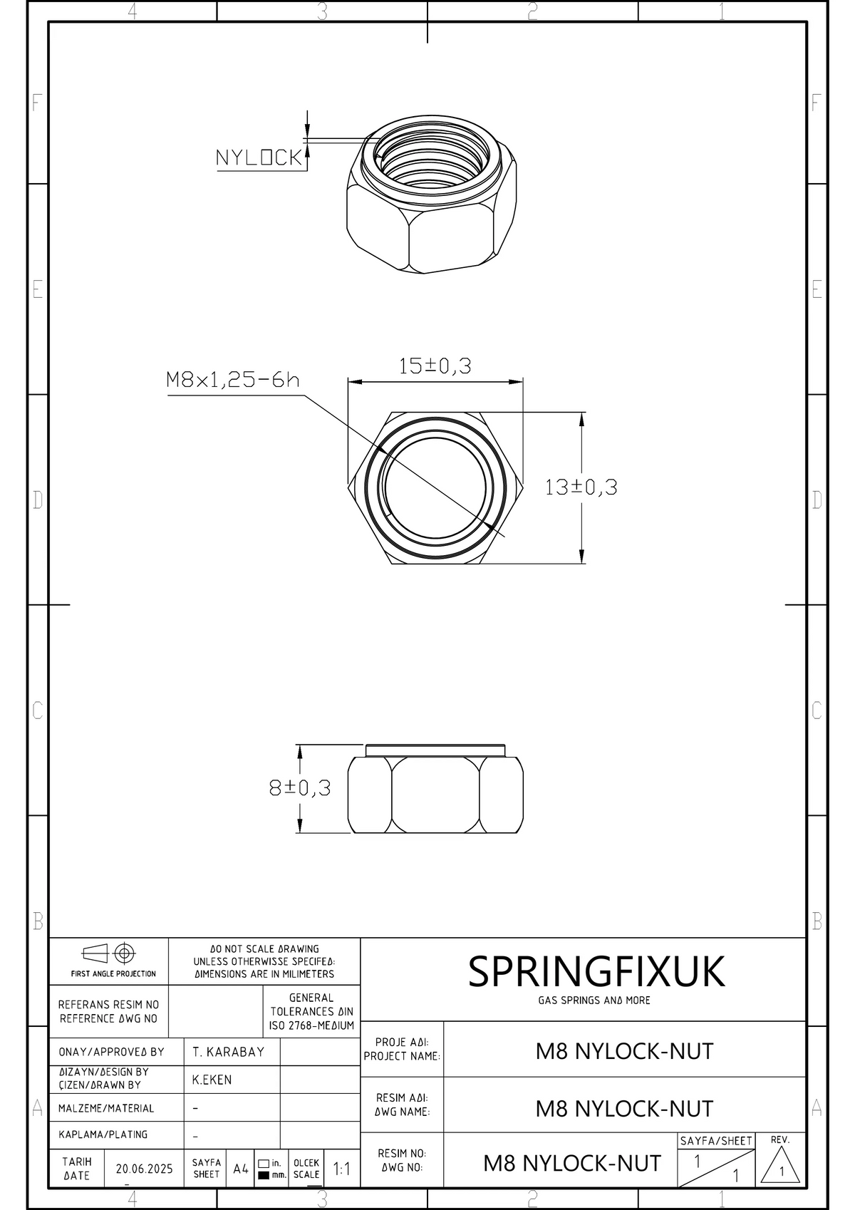 M8 x 1.25 A2 stainless steel nyloc lock nut with nylon insert, DIN 985 standard | SpringFix UK