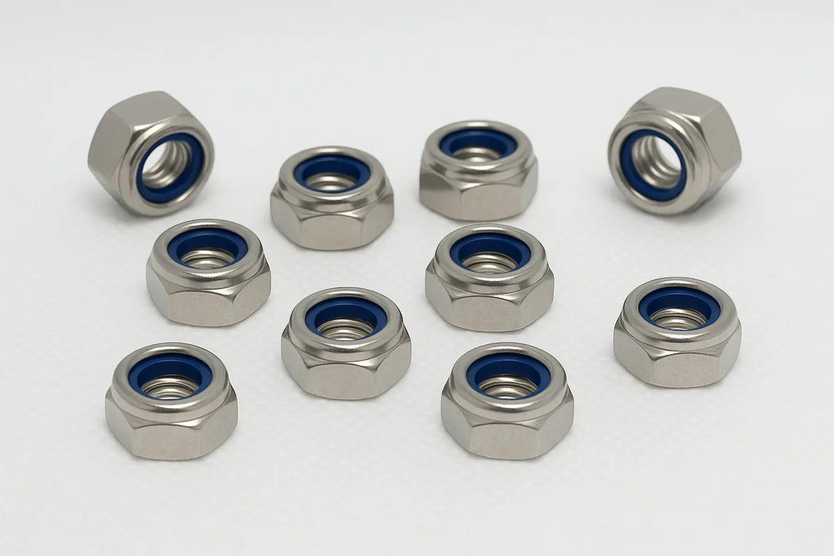 M8 A2 stainless steel nyloc lock nuts with blue nylon insert, pack of 10 | SpringFix UK