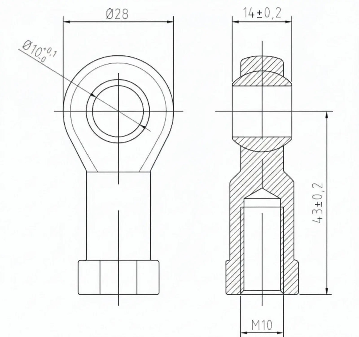SpringFixUK PHS10 M10 female rod end bearing with 10mm bore and right-hand thread. Technical drawing.