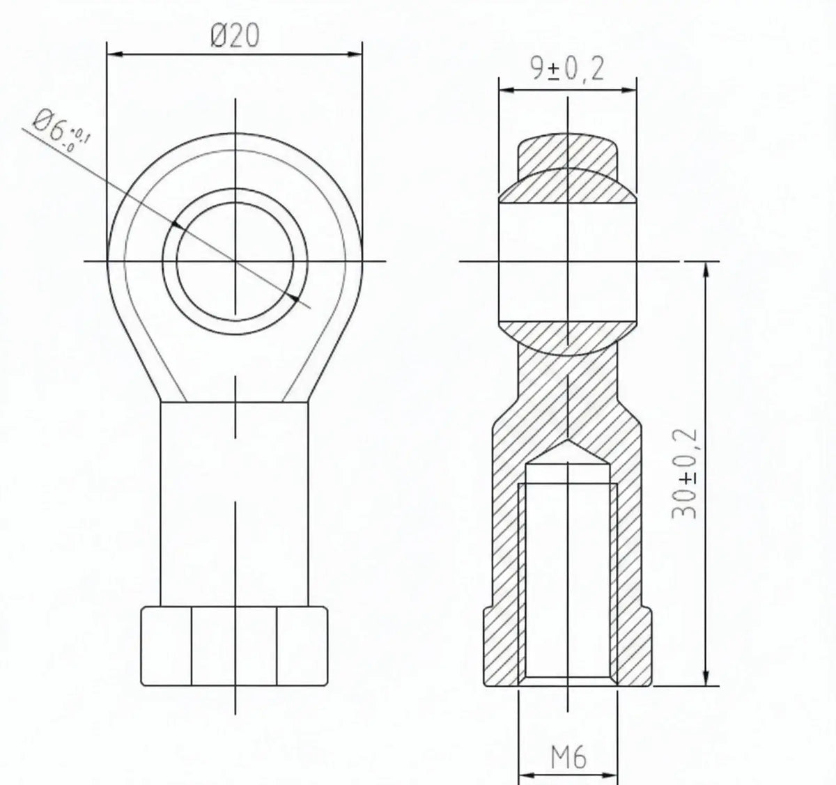 PHS6 M6 female rod end bearing with 6mm bore and right-hand thread, technical drawing | SpringFix UK