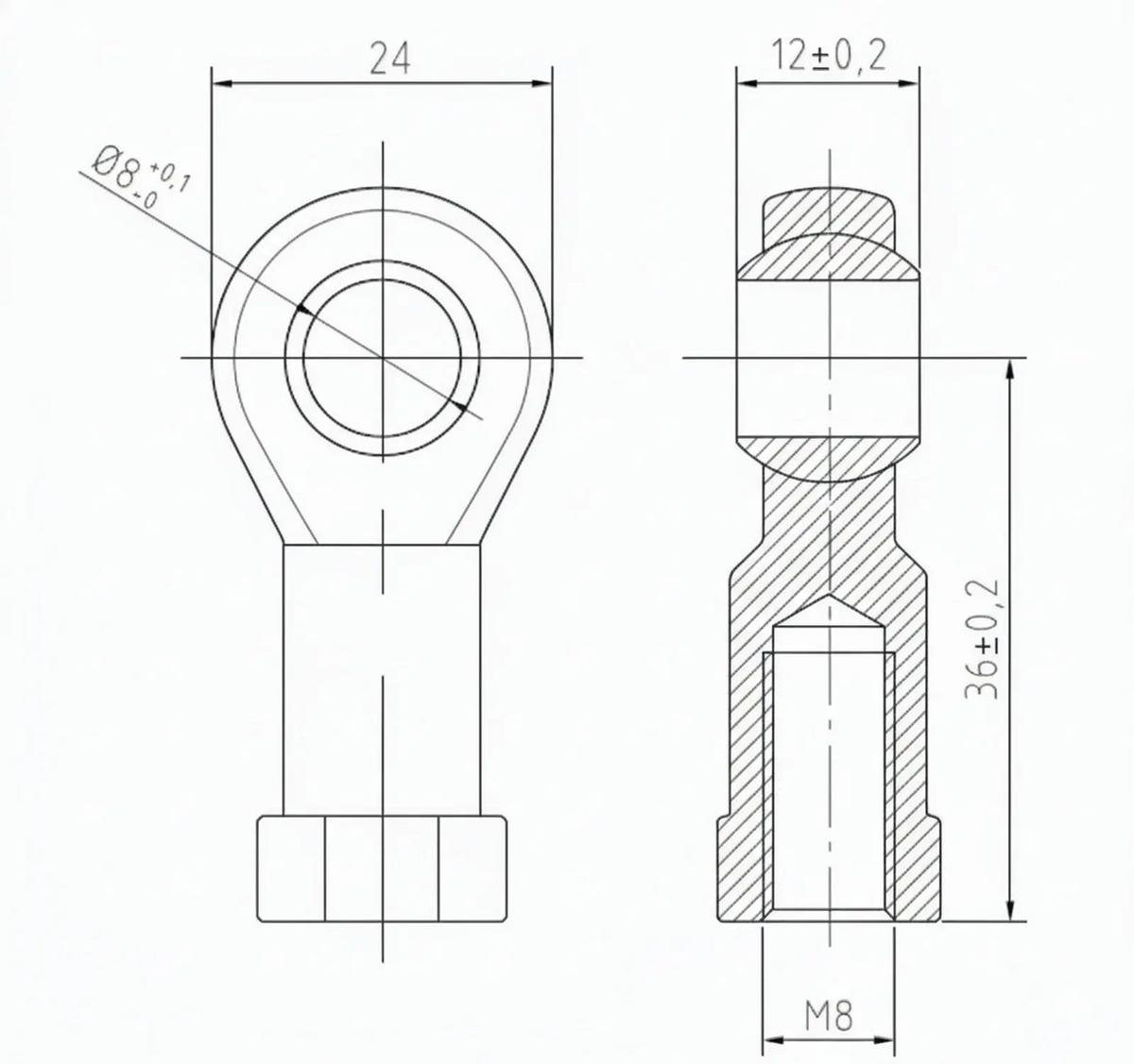 SpringFixUK PHS8 M8 female rod end bearing with 8mm bore, steel construction, for mechanical linkages and gas struts.