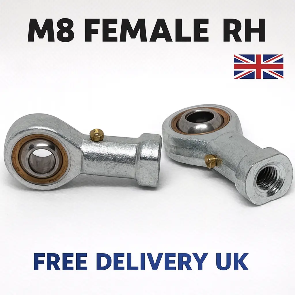 SpringFixUK pair of silver M8 female rod end bearings with 8mm bore and right-hand thread for mechanical linkages.