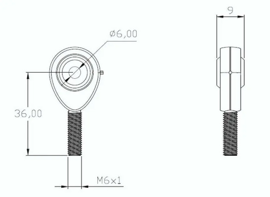 SpringFixUk POS6 M6 male rod end bearing with 6mm bore and right-hand thread, steel construction.