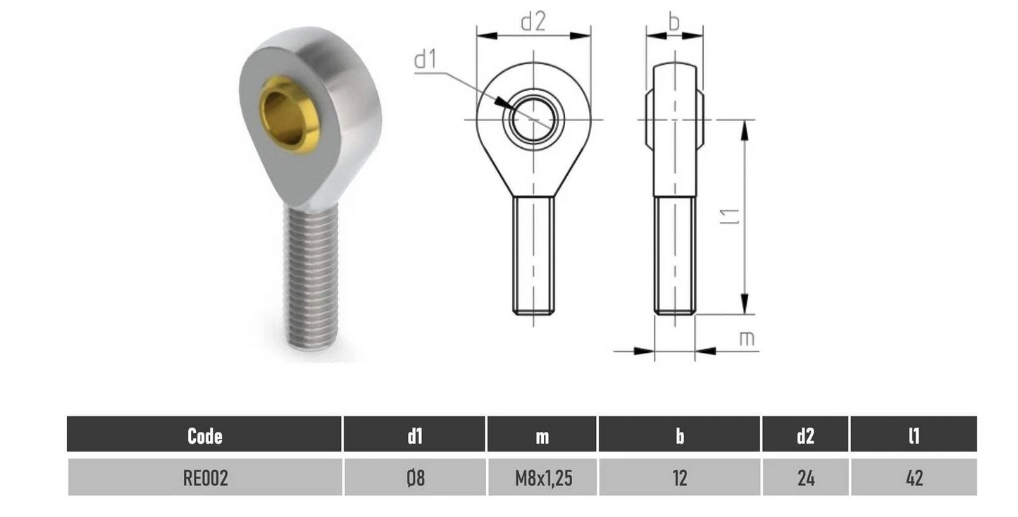 SpringFixUk POS8 M8 male rod end bearing with 8mm bore and right-hand thread, made of steel.