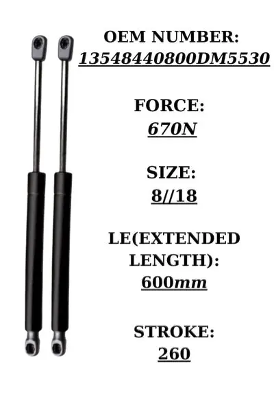 Pair of black steel tailgate gas struts for Fiat Fiorino, Bipper, Nemo. OEM 13548440800DM5530, 670N force | SpringFix UK