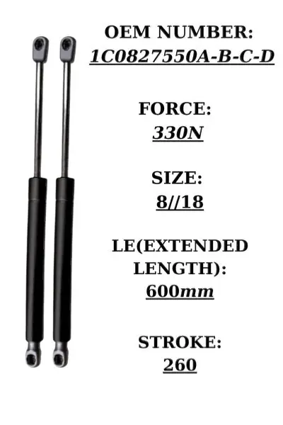 Pair of black metal tailgate gas struts for VW New Beetle, 330N force, 600mm extended length | SpringFix UK