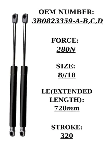 2x VW Passat bonnet gas struts, 280N force, 722mm extended length, black steel construction | SpringFix UK