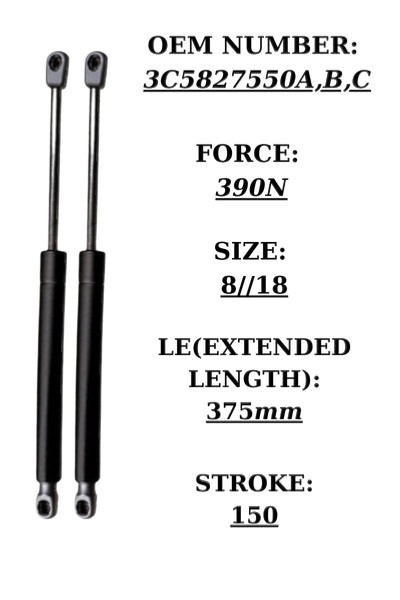 SpringFixUk pair of black steel tailgate gas struts for VW Passat VI Jetta, 375mm extended length, 390N force.