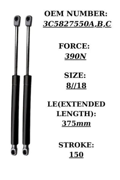 Pair of black steel tailgate gas struts for VW Passat VI Jetta, 375mm extended length, 390N force | SpringFix UK
