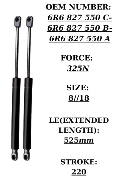 SpringFixUk pair of black steel gas struts for VW Polo 2009-2017 tailgate, 325N force, 525mm length.