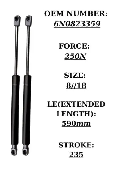 Pair of black steel tailgate gas struts for VW Polo Hatchback, 590mm extended length, 250N force, OEM 6N0823359 | SpringFix UK