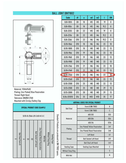 BJ10-2566 BALL JOINT END FITTINGS 10mm M6 UNIVERSAL GAS STRUTS HEADS (2 Pcs)