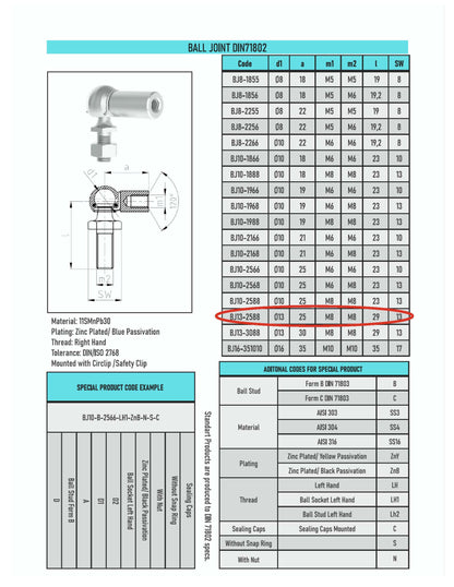 BJ13-2588- BALL-JOINT EYELET DIN71802 13mm M8 M8 SW13 END FITTINGS (4 Pcs)