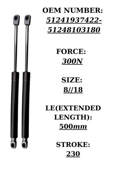 2x Tailgate Gas Struts for BMW 3 Series E30 – OEM 51241937422 300N 500mm Pair