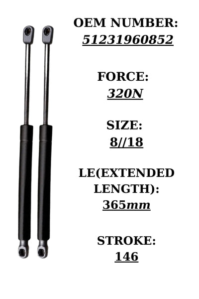 2x Front Hood Gas Struts for BMW 3 Series E36 – OEM 51231960852 – 320N