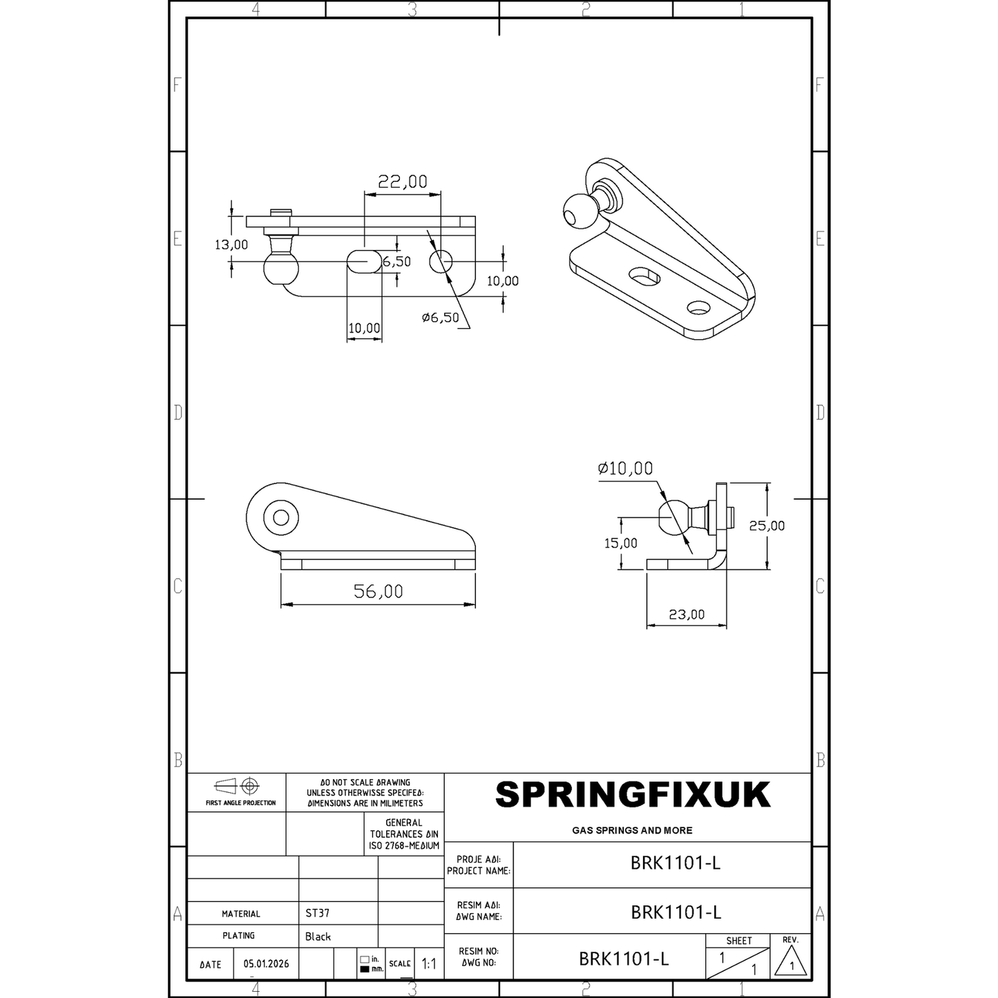 2x 10mm Gas Strut Bracket Left Hand Ball Stud Black