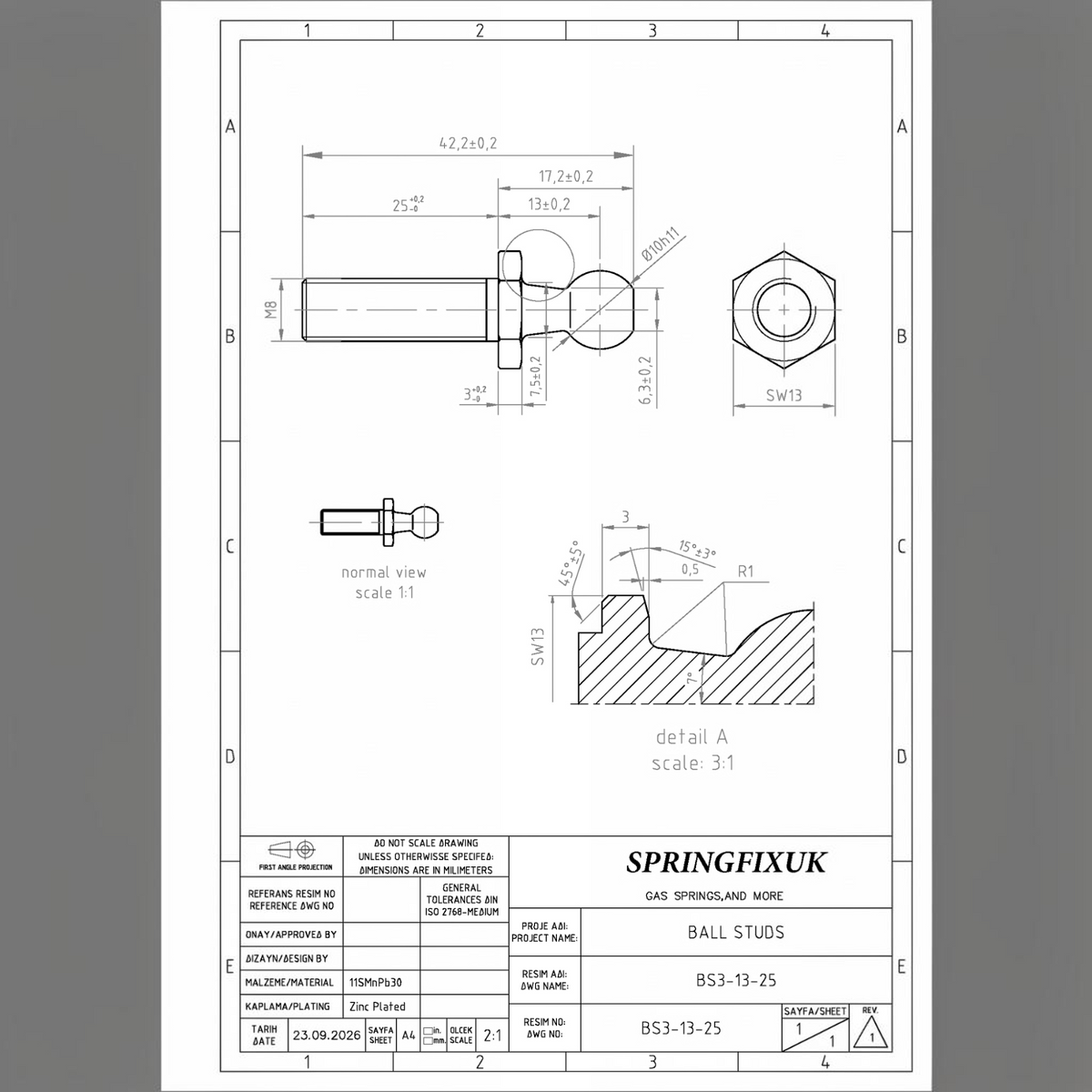 Technical drawing - M8 Gas Strut Ball Stud Bolt 10mm Ball 25mm Thread DIN 71803 (BS3-13-25) | SpringFix UK