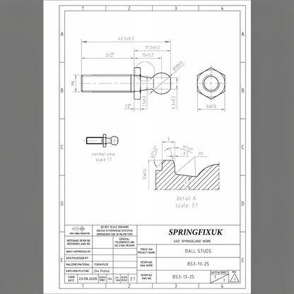 Technical drawing - M8 Gas Strut Ball Stud Bolt 10mm Ball 25mm Thread DIN 71803 (BS3-13-25) | SpringFix UK