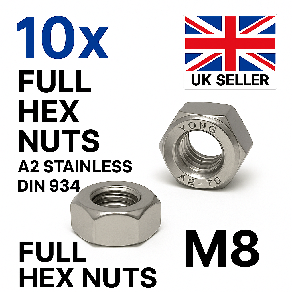 10x M8 Full Hex Nuts A2 Stainless Steel DIN 934 Metric Thread Rustproof