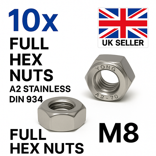 10x M8 A2 Stainless Steel Hex Nuts – DIN 934 Metric Thread – UK Seller