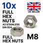 10x M8 Full Hex Nuts A2 Stainless Steel DIN 934 Metric Thread Rustproof