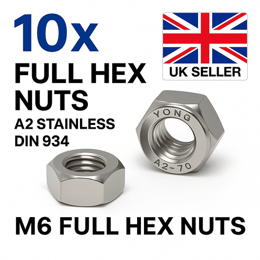10x M6 A2 Stainless Steel Hex Nuts – DIN 934 Metric Thread – UK Seller