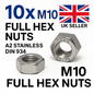 10x M10 Full Hex Nuts A2 Stainless Steel DIN 934 Metric Thread Rustproof