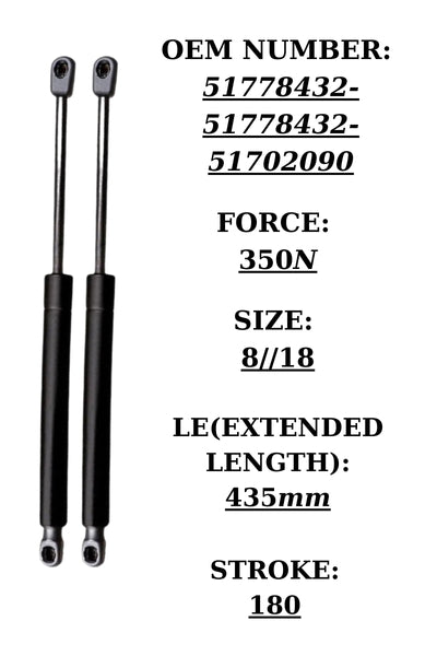2x Tailgate Gas Struts for Fiat Grande Punto – OEM 51778432 350N 435mm Pair