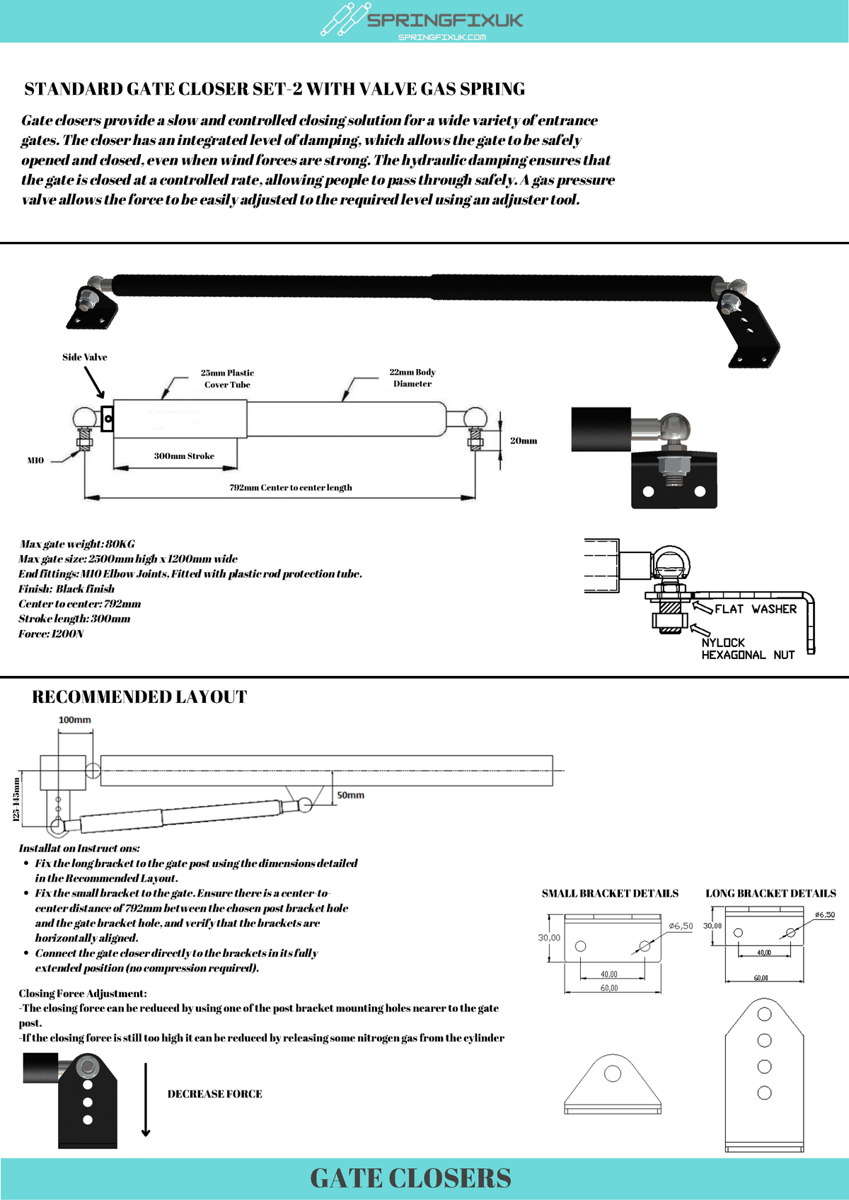 Hydraulic Gate Closer M10 Adjustable Valve Soft Close Self-Closing Arm Heavy Duty Set | SpringFix UK SpringFixUk