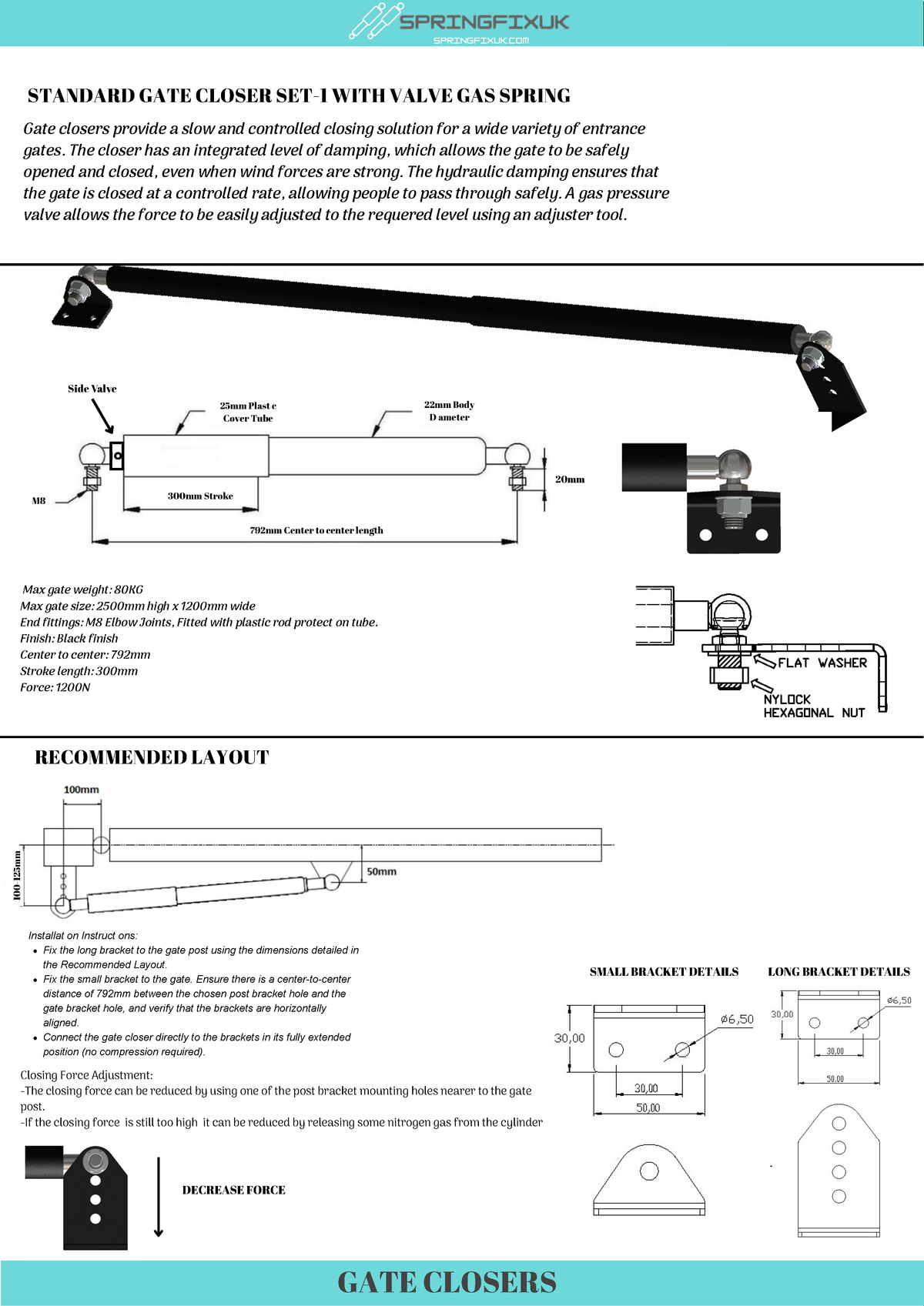 Hydraulic Gate Closer M8 Adjustable Valve Soft Close Self-Closing Arm Heavy Duty Set | SpringFix UK SpringFixUk