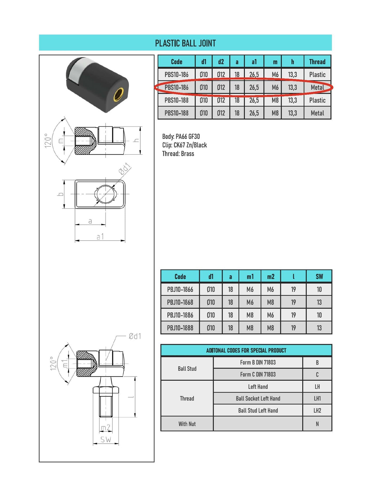 PBS10-186 Plastic Universal Joint M6 Plastic Angle Joint Ball Socket for Gas Strut (2 Pcs)