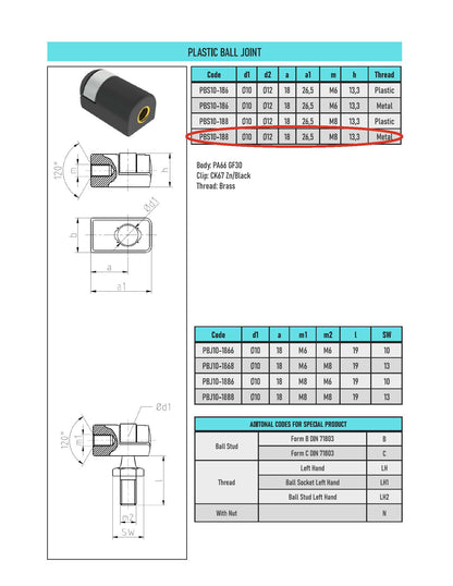 PBS10-188 Plastic Universal Joint M8 Plastic Angle Joint Ball Socket for Gas Strut (2 Pcs)