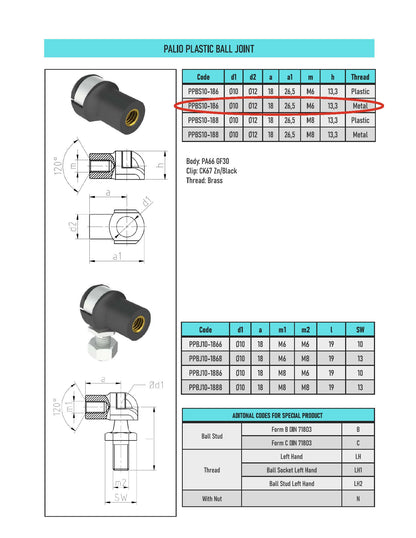 PPBS10-186 Plastic Universal Joint M8 Plastic Angle Joint Ball Socket for Gas Strut (2 Pcs)