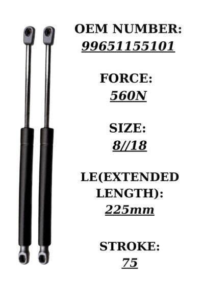 SpringFixUk 2x black steel front bonnet gas struts for Porsche 911 996, 225mm extended length, 560N force.