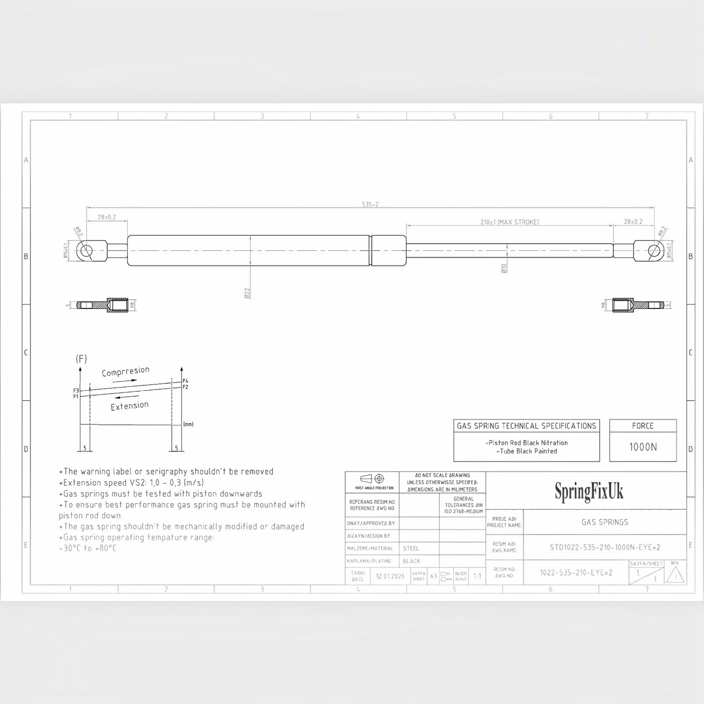 1000N Ottoman Bed Gas Struts 535mm 210mm Stroke 8mm Eye End – 2 Pack | SpringFix UK SpringFixUk