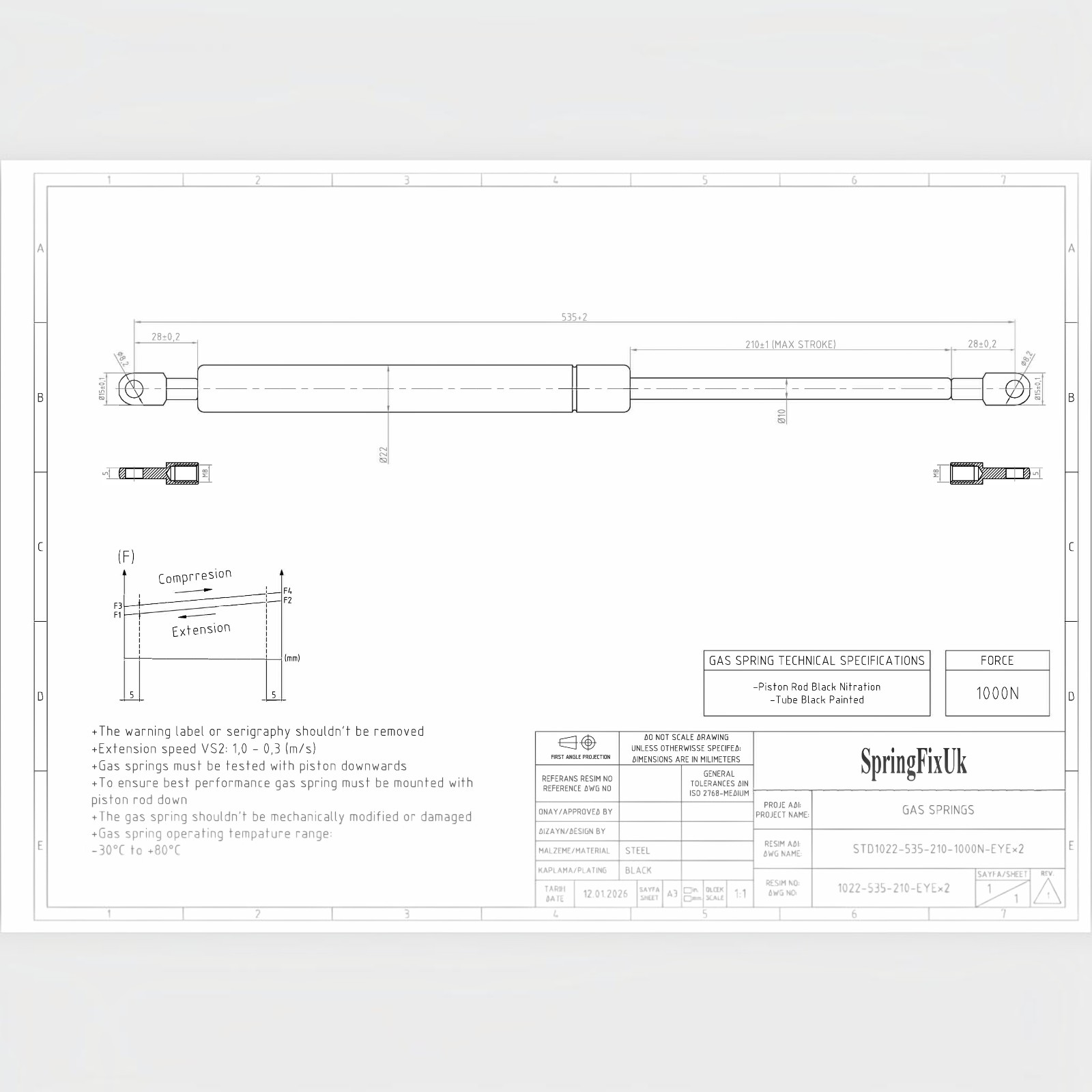 1000N Ottoman Bed Gas Struts 535mm 210mm Stroke 8mm Eye End – 2 Pack | SpringFix UK SpringFixUk