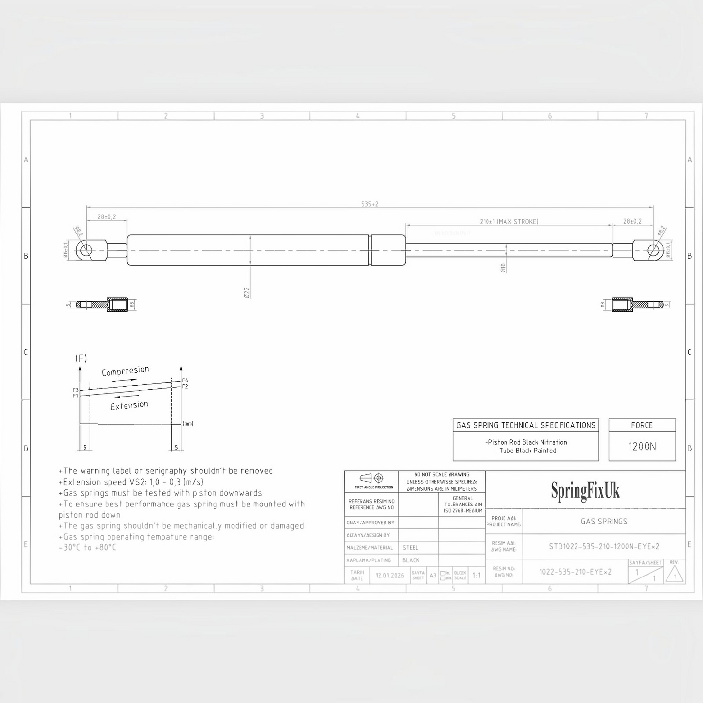 1200N Ottoman Bed Gas Struts 535mm 210mm Stroke 8mm Eye End – 2 Pack | SpringFix UK SpringFixUk