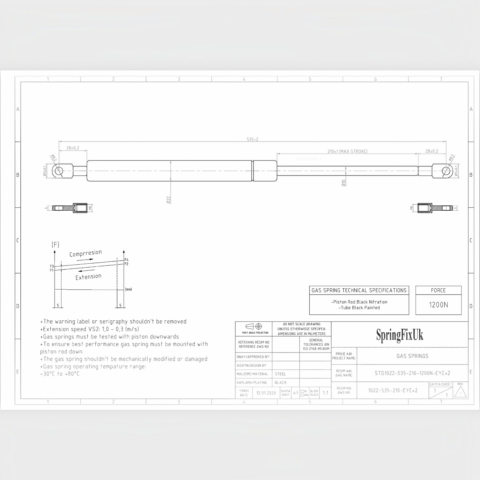 1200N Ottoman Bed Gas Struts 535mm 210mm Stroke 8mm Eye End – 2 Pack | SpringFix UK SpringFixUk