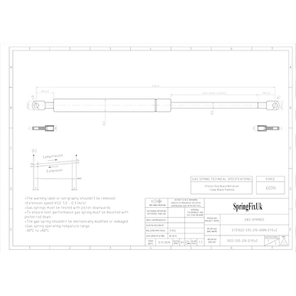 600N Ottoman Bed Gas Struts 535mm 210mm Stroke 8mm Eye End – 2 Pack SpringFixUk