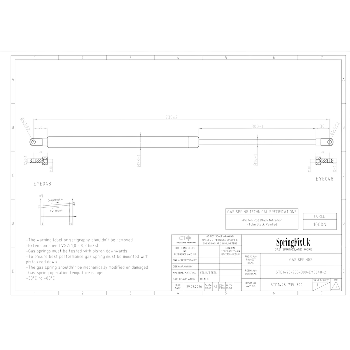 1000N Gas Struts 735mm 300mm Stroke 10mm Eye End Trailer & Universal – 2 Pack | SpringFix UK SpringFixUk