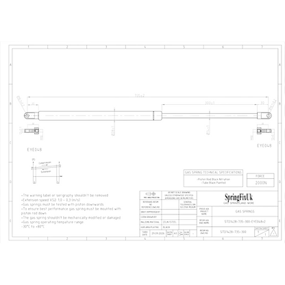 2000N Gas Struts 735mm 300mm Stroke 10mm Eye End Trailer & Universal – 2 Pack SpringFixUk