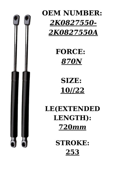 2x Boot Gas Struts for VW Caddy (2005+) – OEM 2K0827550A 870N 720mm Tailgate