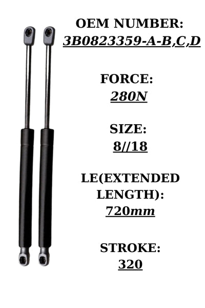 2x Bonnet Gas Struts for VW Passat 1999+ – OEM 3B0823359B/C/D 280N 722mm