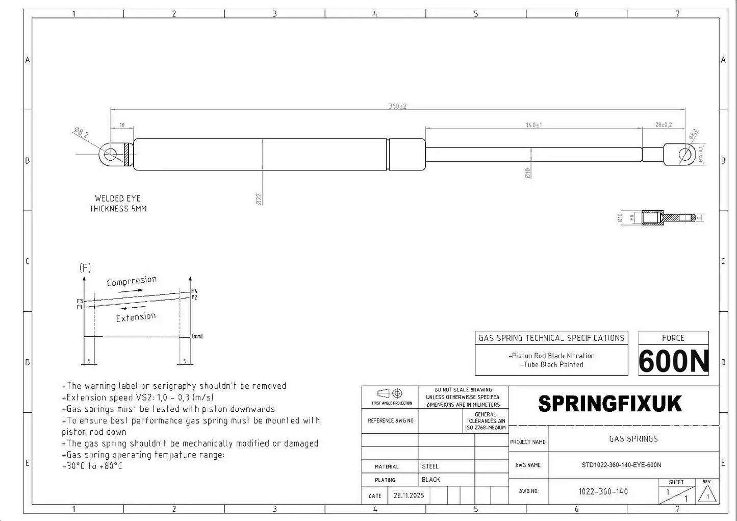 SpringFixUk 600N 360mm gas strut technical drawing with 8mm eye ends for ottoman beds. Steel construction, black piston rod and tube.
