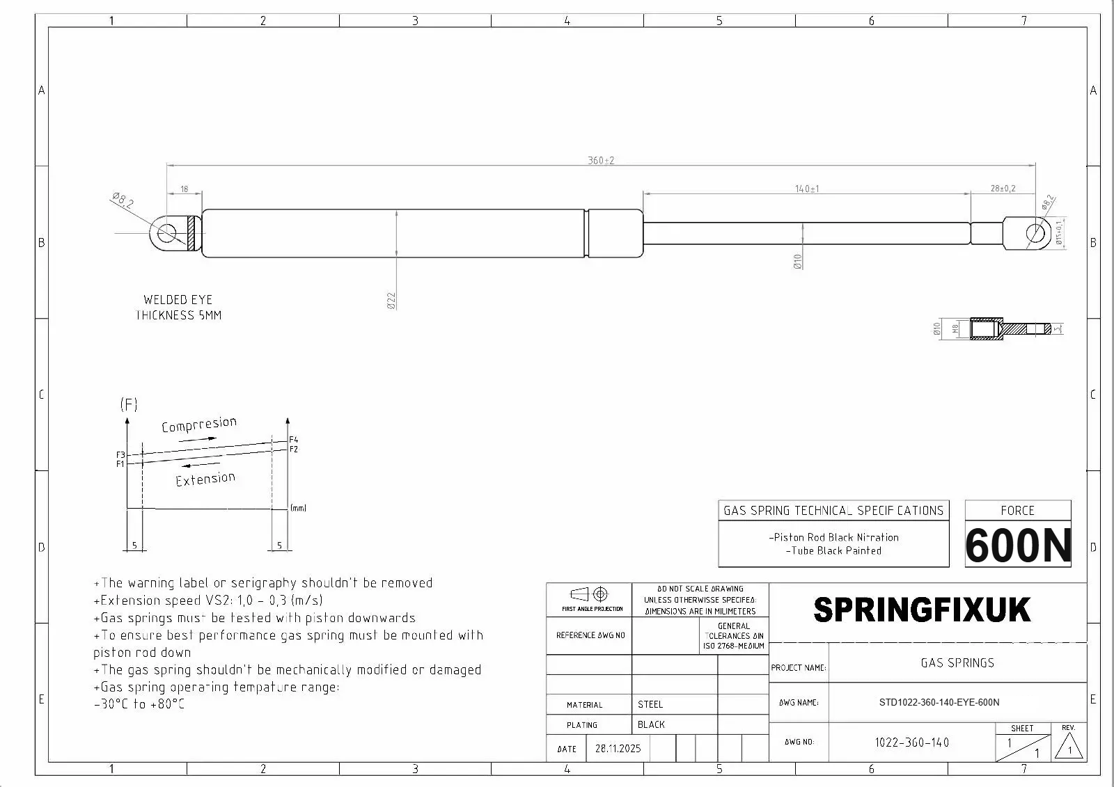 SpringFixUk 600N 360mm gas strut technical drawing with 8mm eye ends for ottoman beds. Steel construction, black piston rod and tube.
