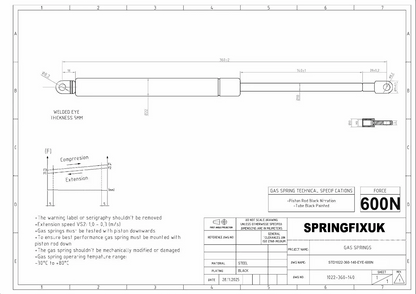 SpringFixUk 600N 360mm gas strut technical drawing with 8mm eye ends for ottoman beds. Steel construction, black piston rod and tube.