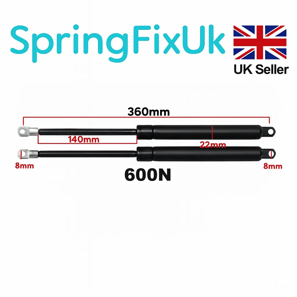 SpringFixUk pair of 600N, 360mm gas struts with 8mm eye ends for ottoman storage beds.