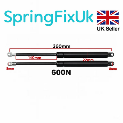 SpringFixUk pair of 600N, 360mm gas struts with 8mm eye ends for ottoman storage beds.