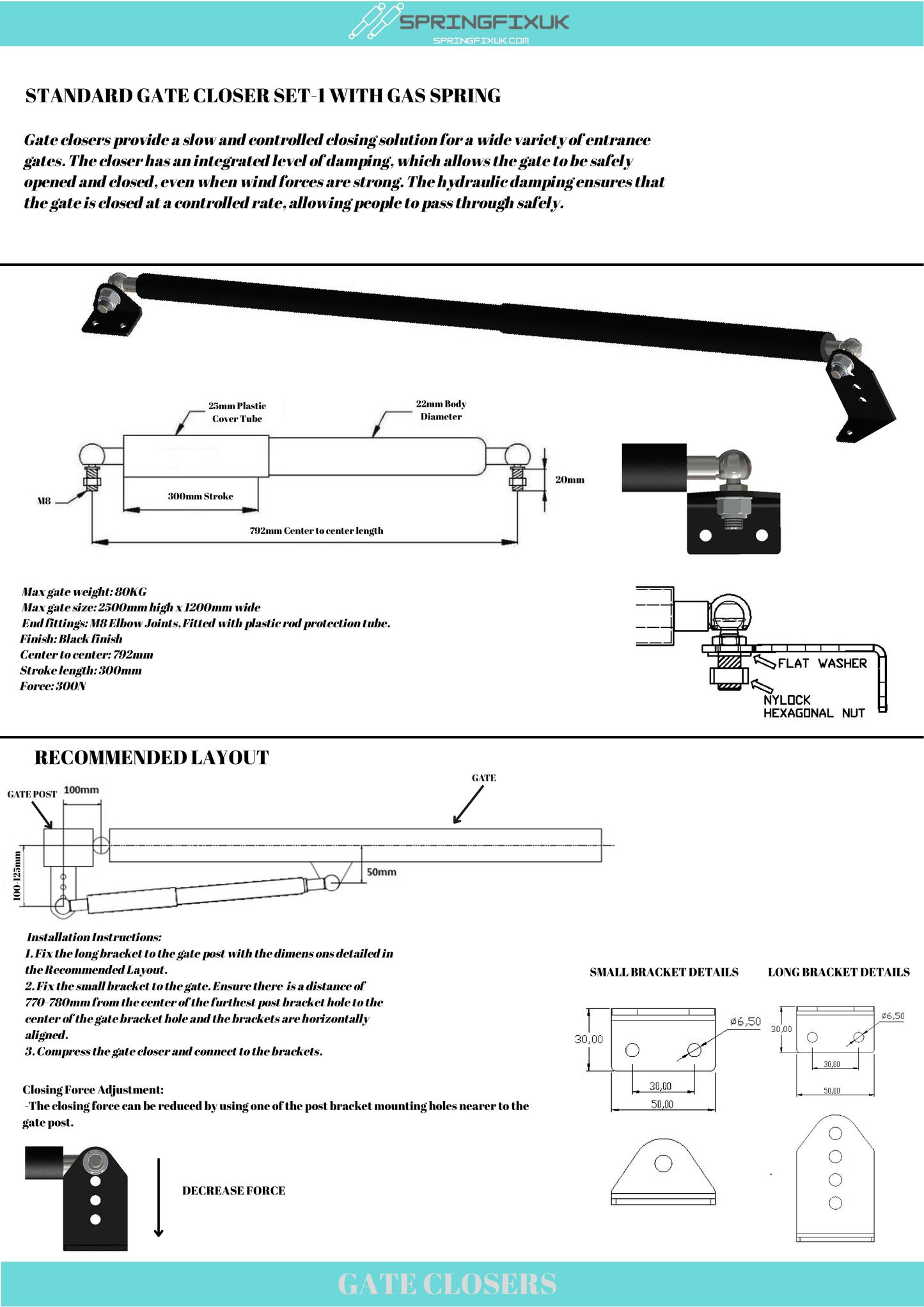 Hydraulic Gate Closer Arm Set M8 300N Heavy Duty Soft Close Automatic Gates