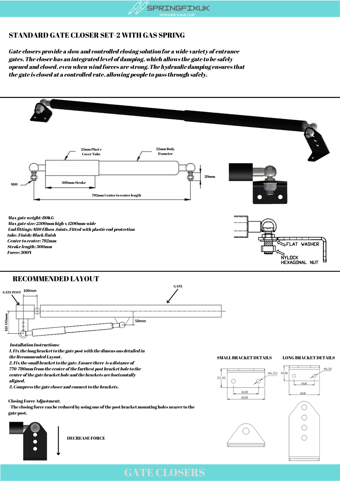 Hydraulic Gate Closer Arm Set M10 300N Heavy Duty Soft Close Automatic Gates